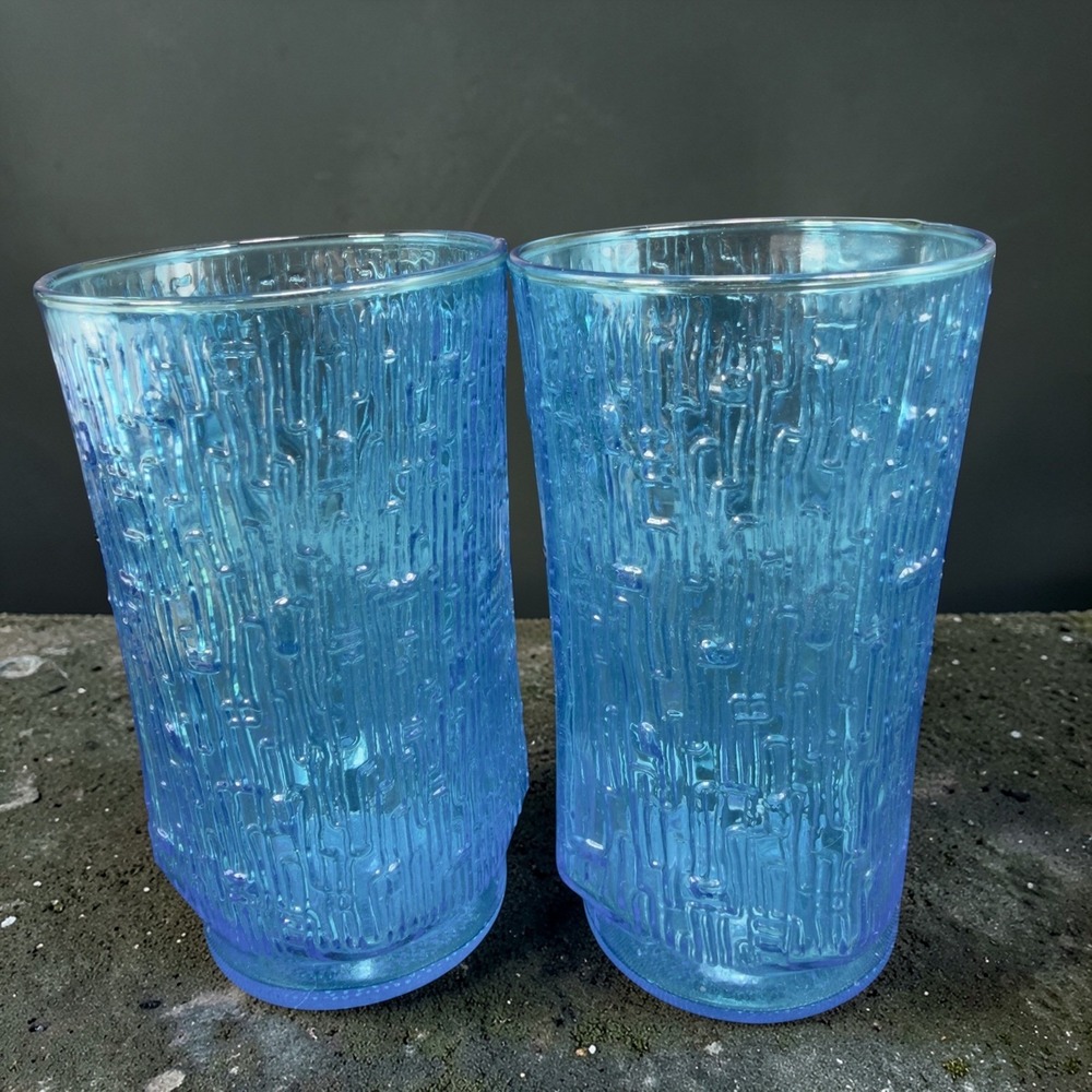 Vintage Jeannette Glass Blue Bark Textured Glass Tumblers Mid Century Modern Set